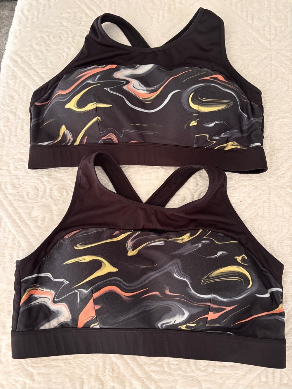 (2) Crane Sports Bra XL Padded Wire-Free Black Abstract Print Athletic Gym Yoga